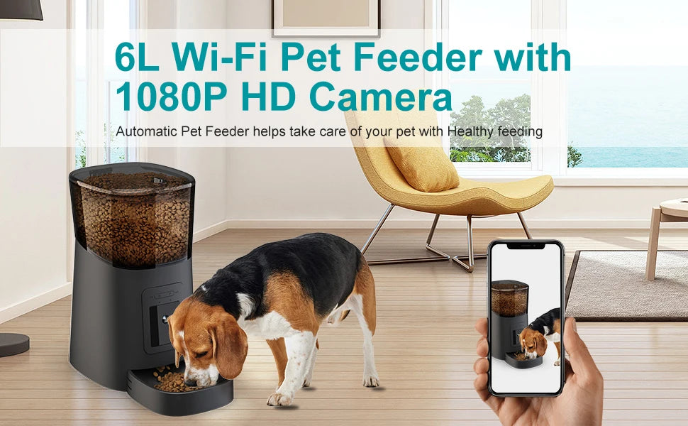 Video Automatic Pet Feeder with HD Camera, Food Dispenser for Cats and Dogs WiFi Smart Feeder with Camera 6L 2-Way Audio,Mobile