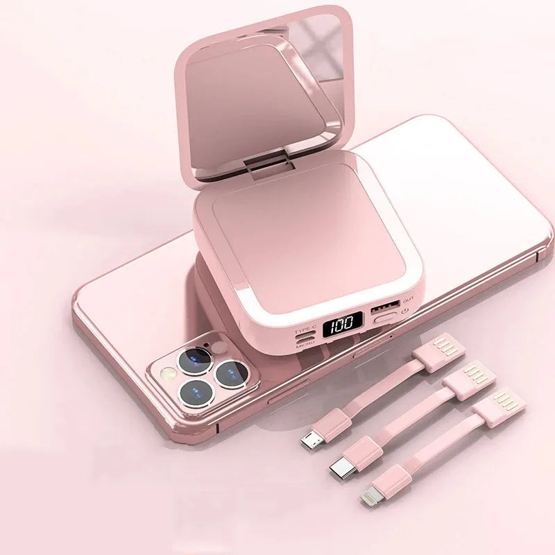 New Mini power bank 20000mAh with makeup mirror, fast charging, portable charger, power bank with cable, mobile phone power bank
