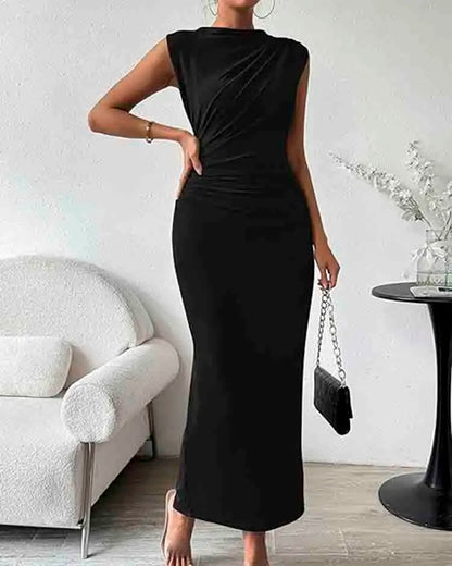 Women's Ruched Bodycon Dress Summer Casual Sleeveless Back Slit Elegant Club Evening Party Cocktail Maxi Dresses