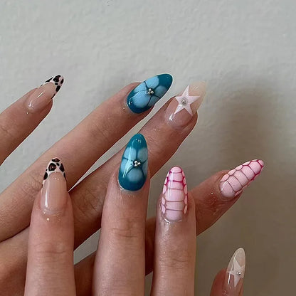 24Pcs False Nails Spicy Girl Silver Bow with Diamond Fake Nails with Glue Almond Press on Nails Black Cool Y2k Almond Nail Set