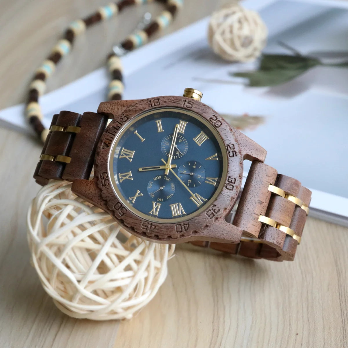 Men's Wooden Wrist Watches for Men Chronograph Fashion Wristwatches Business Blue Wood Mens Watches Clock reloj madera hombre