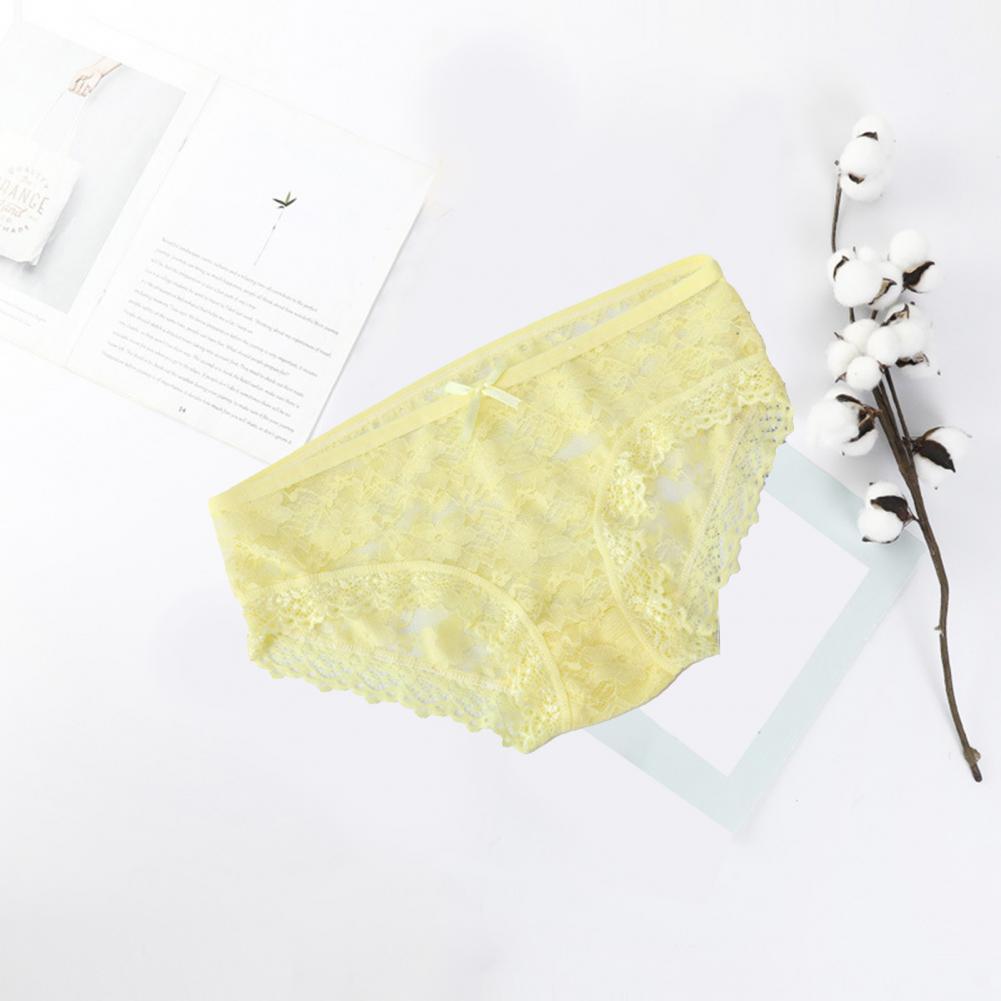 Women Panties Mid Waist Breathable Stretch Hollow Bowknot Soft See-through Lace Sexy Ladies Briefs Underpants Underwear