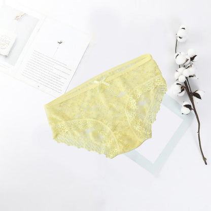 Women Panties Mid Waist Breathable Stretch Hollow Bowknot Soft See-through Lace Sexy Ladies Briefs Underpants Underwear