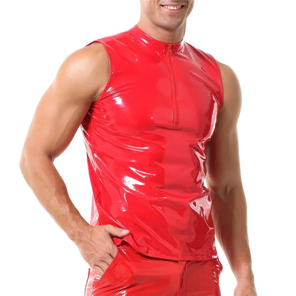 Mens Shiny Wet Look Leather Tank Top Zipper Glossy PVC Leather Sleeveless T-Shirts Shaping Wet Look Latex Leather Tanks Top Vest