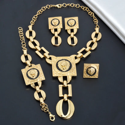 Gold Plated Jewelry Set  For Women African Indian Dubai Wedding Jewellery Luxury Choker Necklace Bracelet Earring Cuff Rings