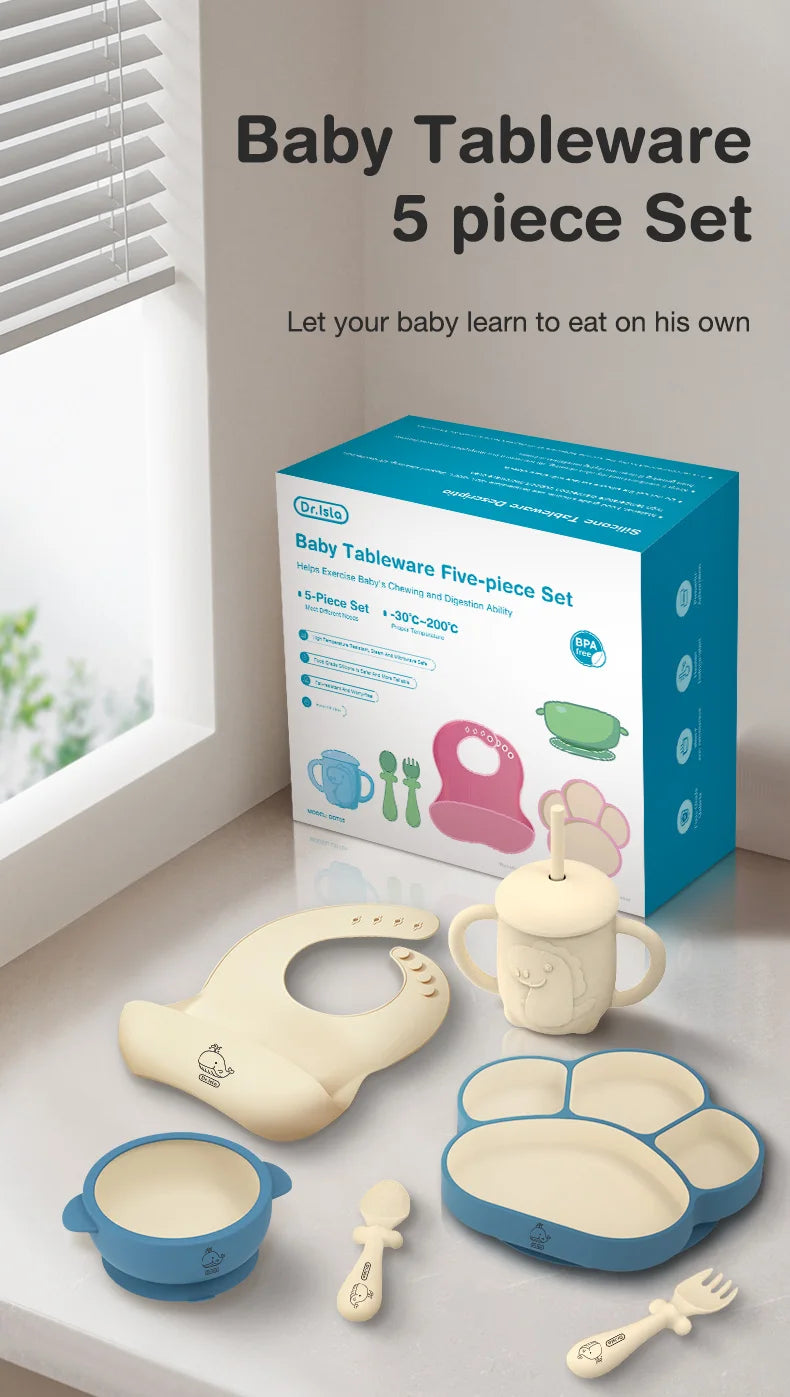 MAMIJOY  High Quality Children's Dishes Set Baby Silicone Tableware Sucker Bowl Bib Cup Fork Spoon Set Infant Supplies BPA Free