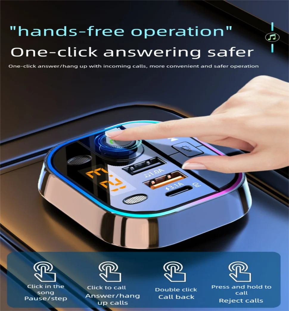 Bluetooth 5.0 Car FM Transmitter Car Bluetooth Receiver Ambient Hands-Free Mp3 Player Dual USB Fast Charger 5.0 Audio Adapter