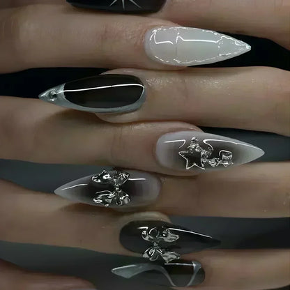 24Pcs False Nails Spicy Girl Silver Bow with Diamond Fake Nails with Glue Almond Press on Nails Black Cool Y2k Almond Nail Set