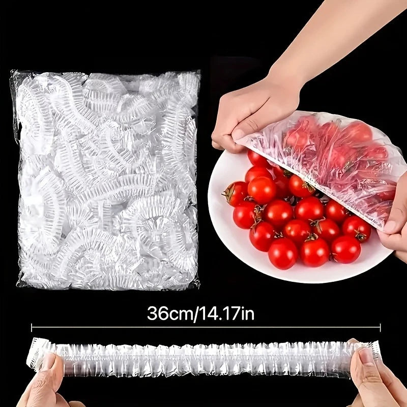 100-Pack Reusable Elastic Food Storage Covers Transparent Stretchable Plastic Bowl Plate Wrap Unscented Alternative to Foil