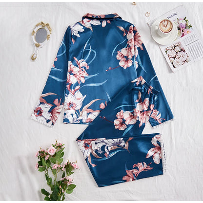 Women's sleepwear two piece set spring autumn satin long sleeved top long pants two piece set casual  comfortable home suit set