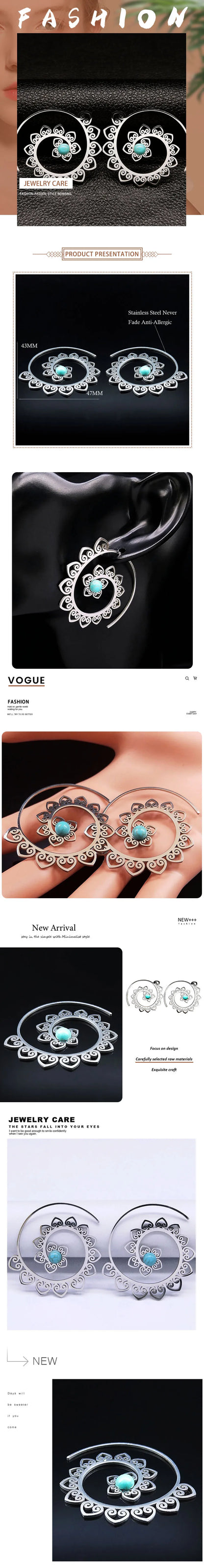 Vintage Ethnic Indian Carved Mandala Flower Dangle Earrings Stainless Steel Stone Boho Hollow Earring Jewelry pendientes flor