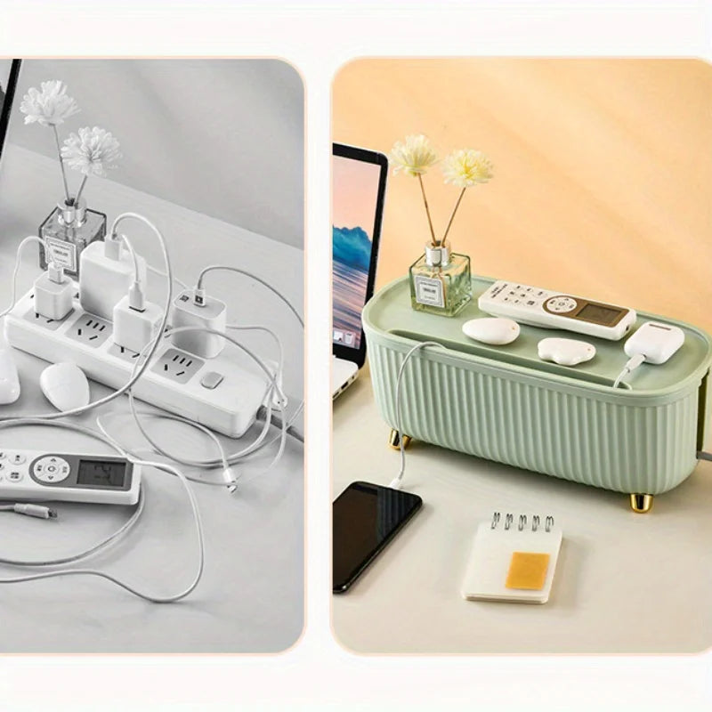 Multifunctional Cable Management Box – Stylish white plastic desktop organizer for power cords