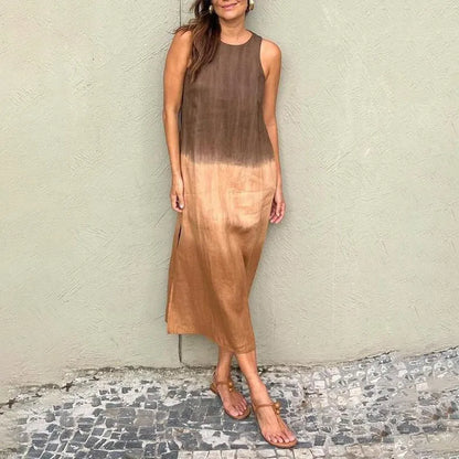 2024 Women Gradient Dress Split Sleeveless Maxi Dresses New Summer Casual Fashion Female High Street Vestidos