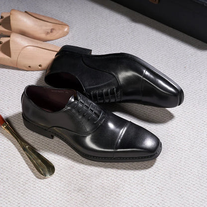Men's Classic Lace-Up Oxfords Genuine Leather Luxury Office Shoes Solid Cap Toe Wedding Party Formal Dress Footwear for Men