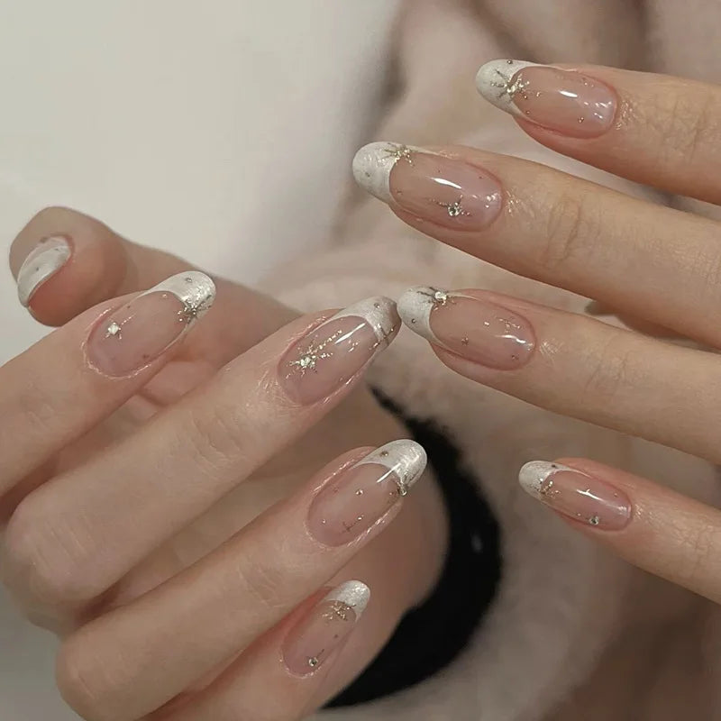 24Pcs Almond Pure Handmade Press On Nails Full Cover Butterfly French Pearl Diamond False Nails Wearable Manicure Nail Tips Art