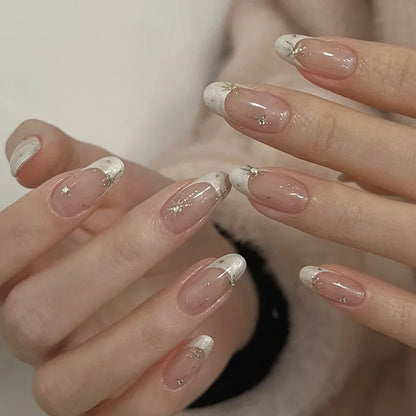 24Pcs Almond Pure Handmade Press On Nails Full Cover Butterfly French Pearl Diamond False Nails Wearable Manicure Nail Tips Art