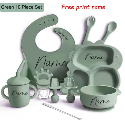 Baby Silicone Tableware Dinosaur Plate Dishes For Kids Personalized Name Baby Feeding Sets Fruit Feeder Baby Led Weaning Supplie
