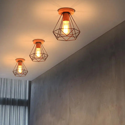 LED E27 Ceiling Lights Vintage Industrial Wood Ceiling Lamp for Kitchen Living Room Bar Restaurant Wire Cage Lampshade Lighting