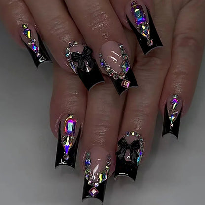 24pcs Press on Nails Short Almond Bowknot Black Press on Nails White Pearl Sweet French Tip Press on Nails Cute Nail Artificial