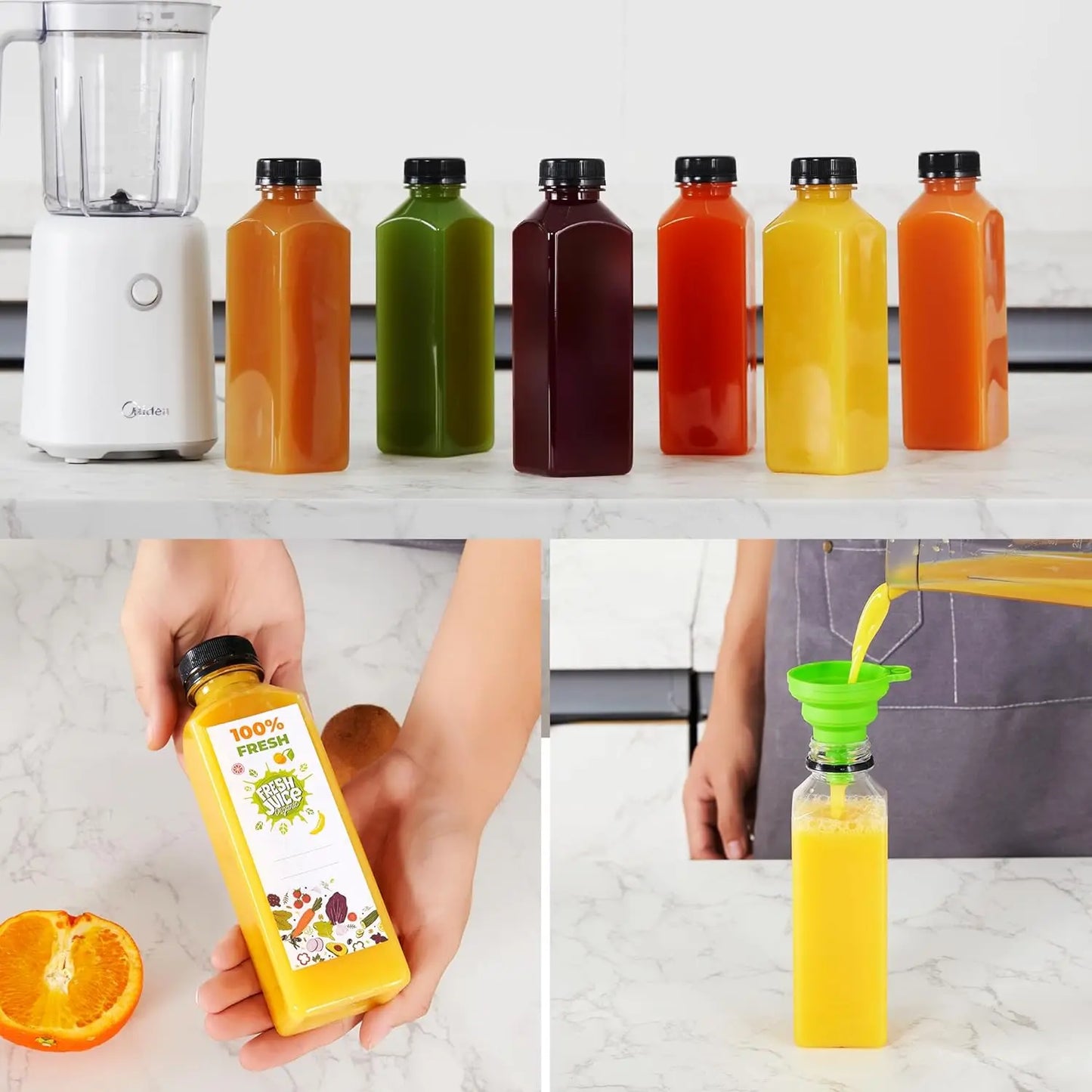 2 Pcs or 6 Reusable Plastic Juice Bottles with Lid - 5 Oz, 8 Oz, 12 Oz, 16 oz - Great for Smoothie, Milk, Etc. - Easy to Clean and Supplement - Leak-Proof for Bpa