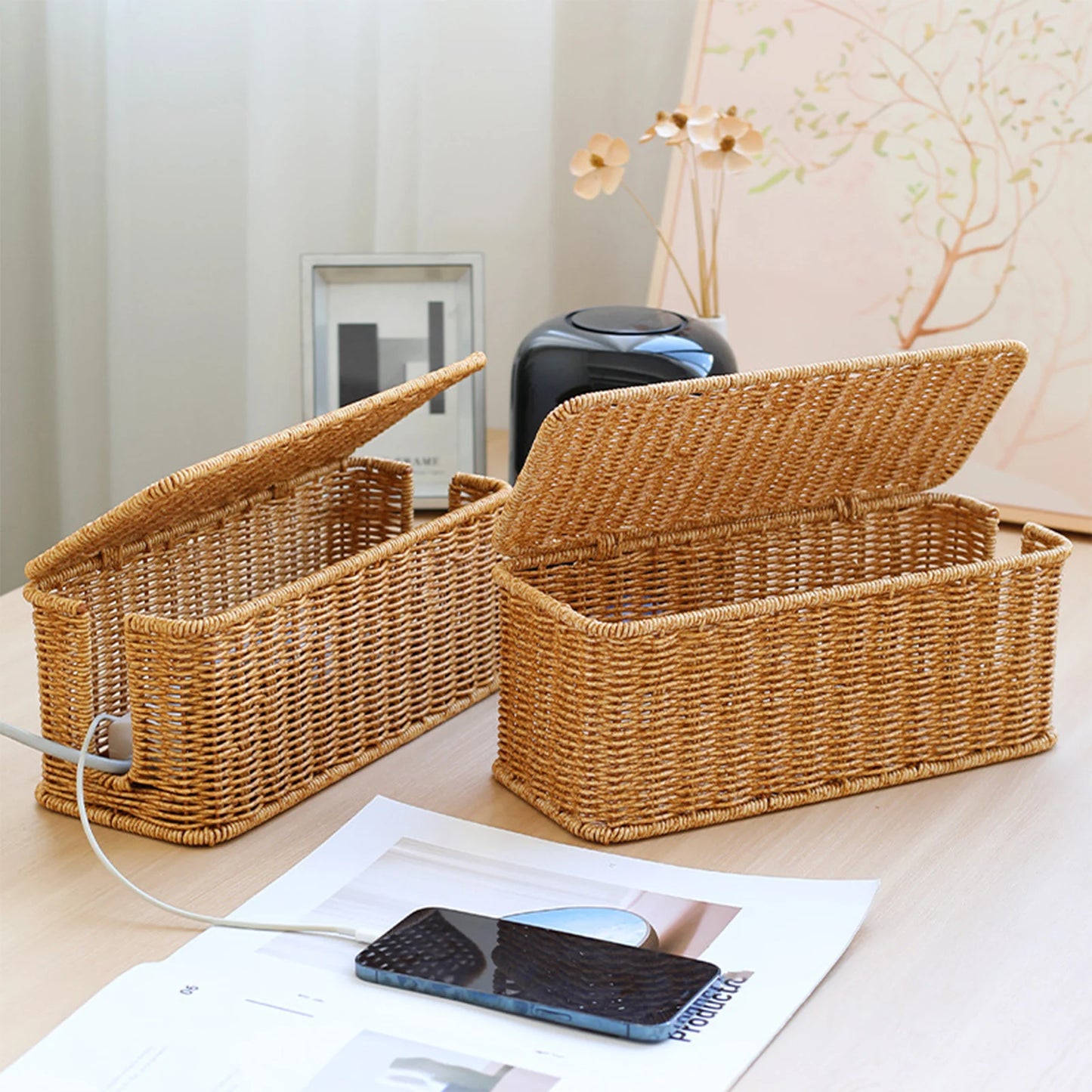 Hand-Woven Charging Station Storage Box Cable Management Basket for USB Cables Data Cables Organizer