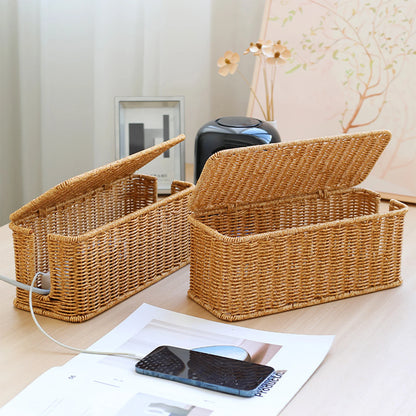Hand-Woven Charging Station Storage Box Cable Management Basket for USB Cables Data Cables Organizer