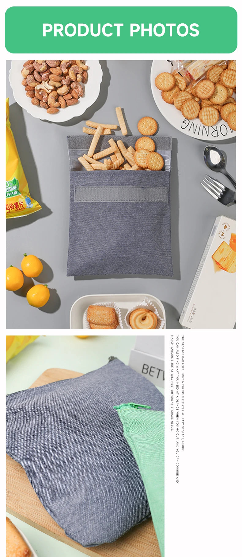 Reusable Sandwich Storage Bag TPU Lining Velcro Snack Bags for Kids Washable Waterproof Food-Safe Reusable Snacks Bags