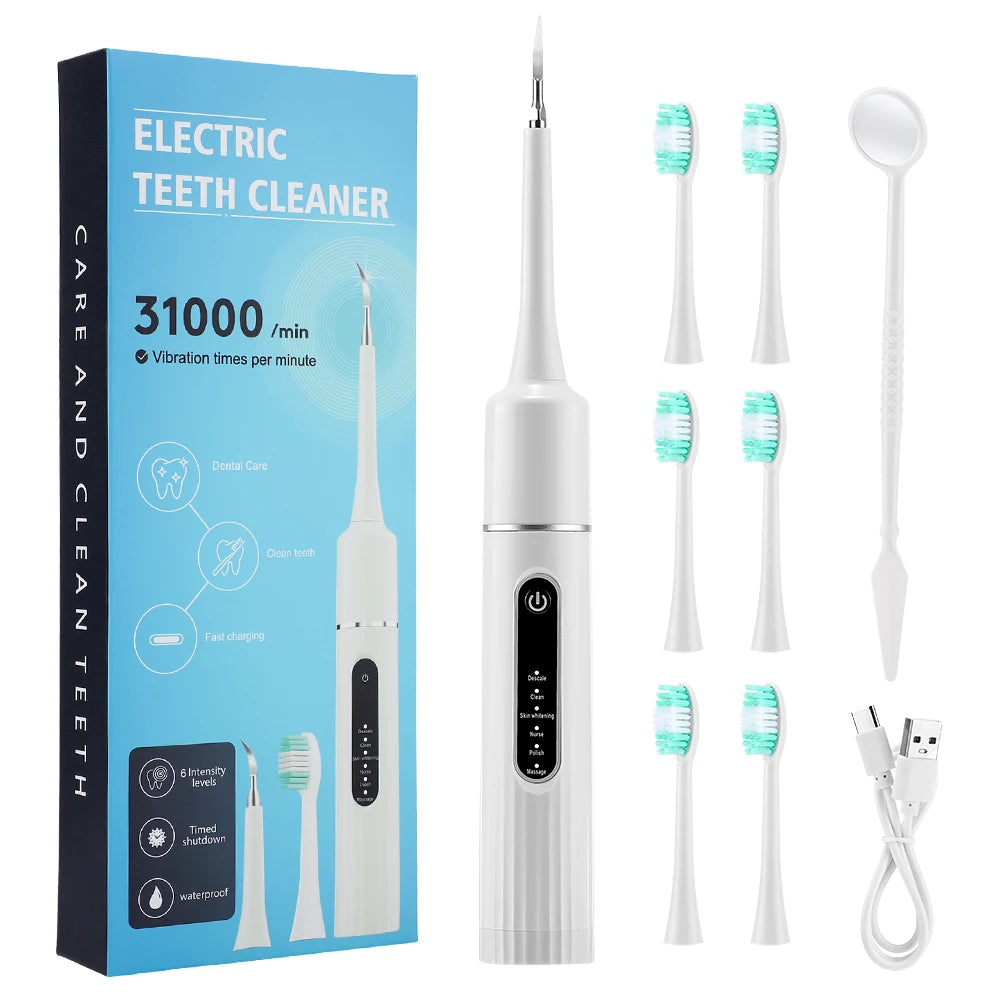 Electric Teeth Cleaner Remove Tartar Plaque Calculus and Tooth Stains Dental Teeth Whitening Kits With 6 Toothbrush Heads Home