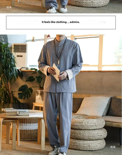 Traditional Chinese Men's Tang Suit Cotton Linen Ancient Costume Tea Servant Zen Meditation Clothing Middle Mountain Hanfu