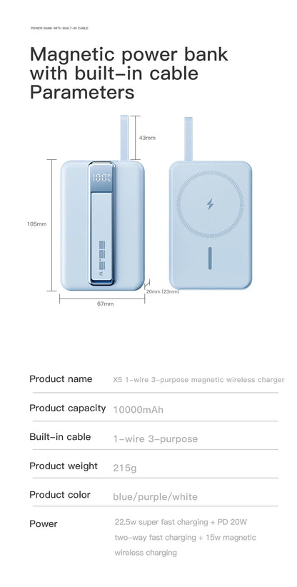 Magnetic Wireless Power Bank 10000mAh Portable PD 20W 3 in 1 Fast Charging External Battery for iPhone 15 14 13 Tel Accessories