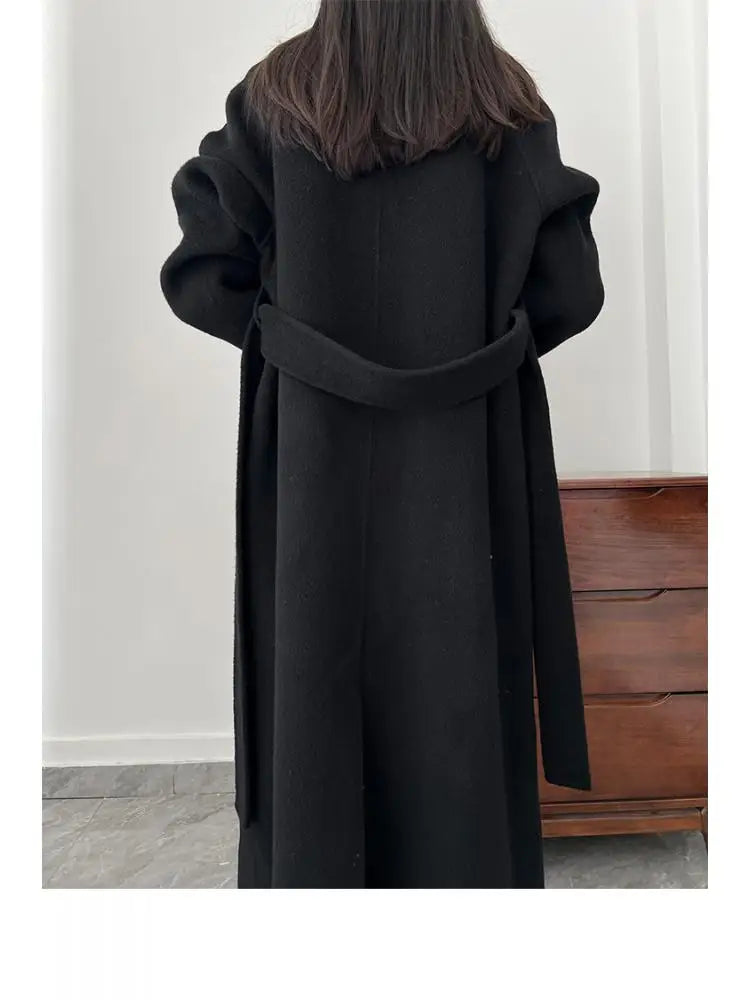 Office Lady Woolen Jackets 2024 Autumn And Winter Bathrobe Style Pocket Double-Sided Loose Lace -Up Tie Women's Long Wool Coats