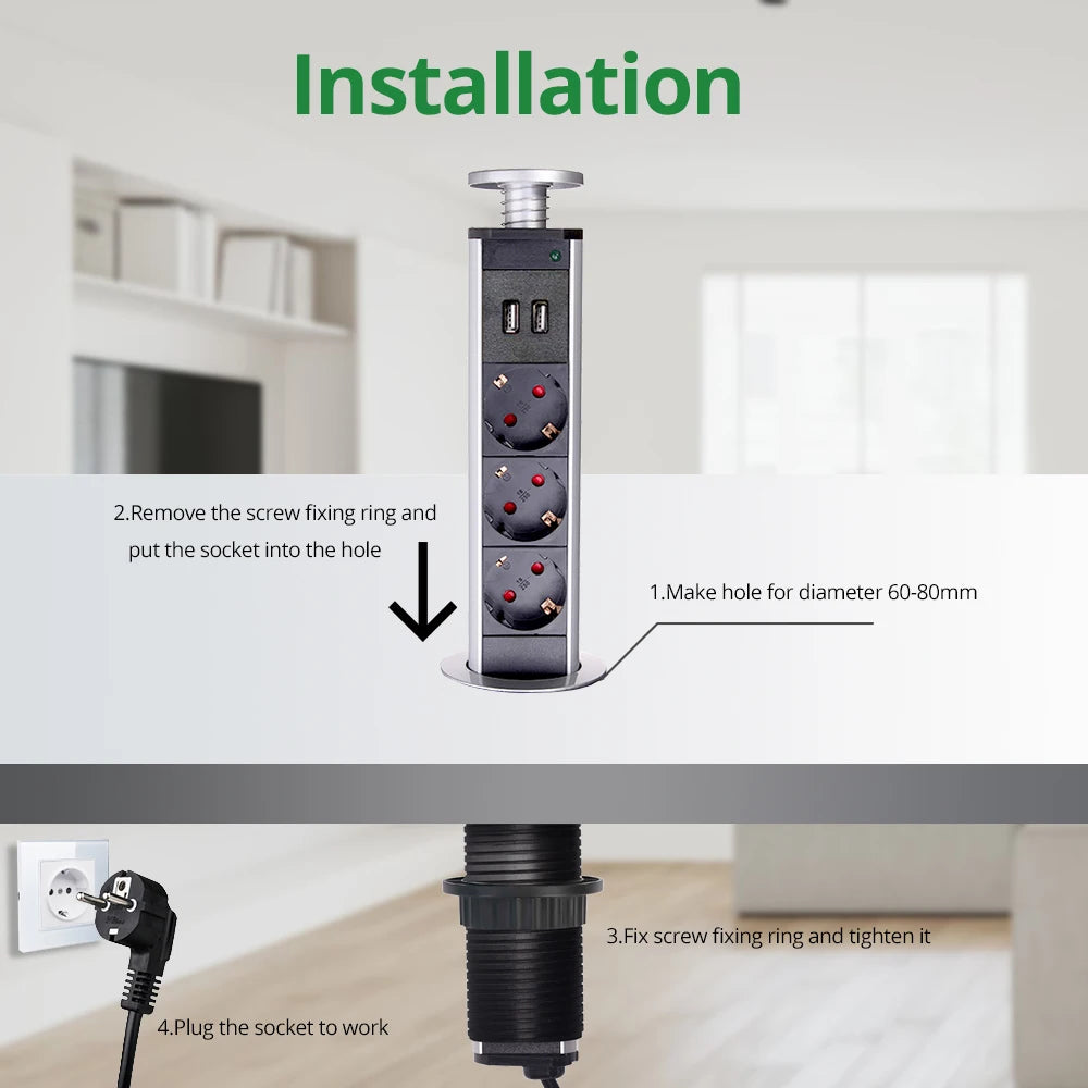 Wallpad Pull Pop Up Desktop Socket 3 Outlets 2.4A USB Ports or No 2M Extension Plug Retractable Aluminum Body For Kitchen Tabel