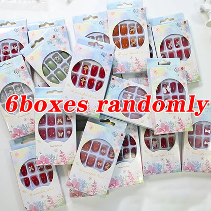144pcs=6boxes Randomly Press On Nails Short Square Medium Almond Nail Kits 3D Rhinestone Flower Bowtie Reusable Press On Nails