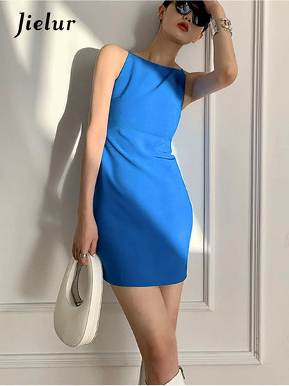 Jielur Summer Women New Spaghetti Strap Elegant Party Mini Dress Female Fashion Sexy Ladies Sleeveless Clothes