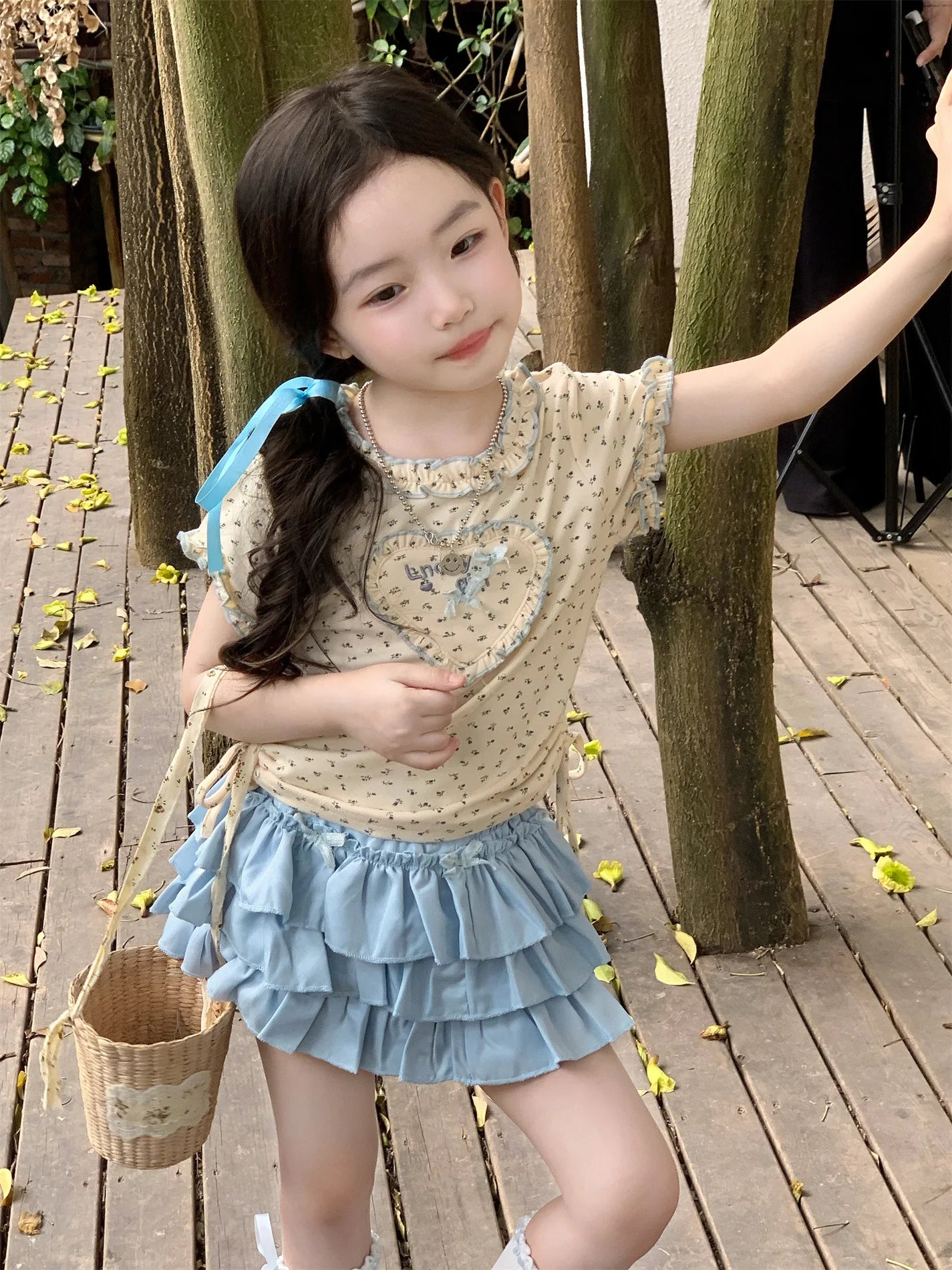 Baby Set 2025 Short Sleeved T-shirts New Summer Floral Top for Girls Solid Cake Skirt Two-piece Set