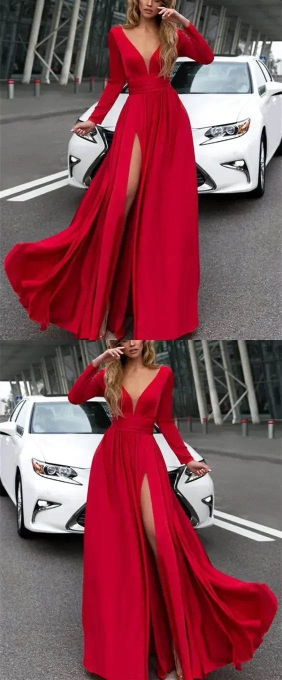 European American Wedding Dresses Wheat Dress Sexy Deep V Long Sleeved Sequined Dress Woman Party Solid Dress Maxi Floor Gowns