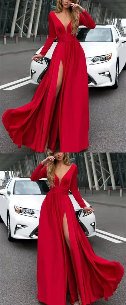 European American Wedding Dresses Wheat Dress Sexy Deep V Long Sleeved Sequined Dress Woman Party Solid Dress Maxi Floor Gowns