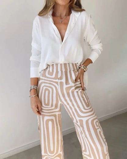Elegant Office Lady Casual Suit Fashion Solid Long Sleeve Lapel Shirt Elastic Waist Print Trousers Two Piece Set 2024 Autumn New