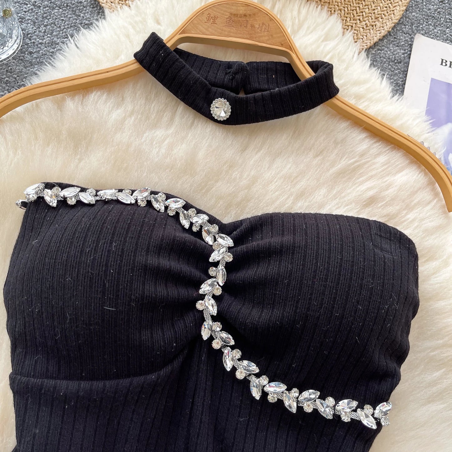 SINGREINY Strapless Sexy Ladies Top Summer Halter Beading Design Split Camisole Korean Skinny Streetwear Hotsweet Tank Top