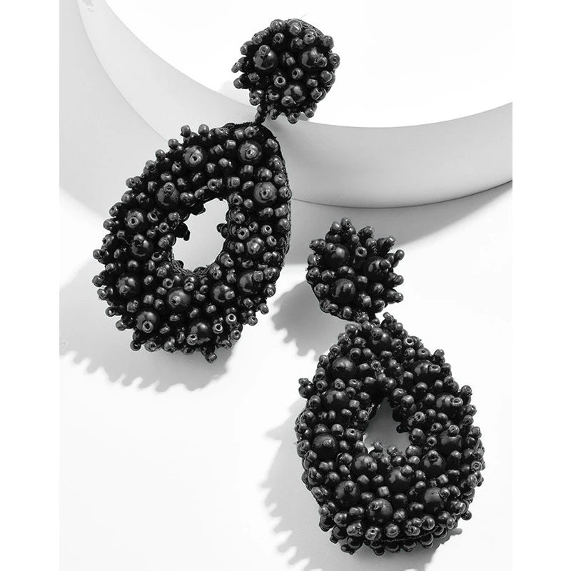 Bohemian Black Beaded Earrings Handmade Beads Drop Dangle Earrings For Women Statement Earrings Big Jewelry Brincos Accessories