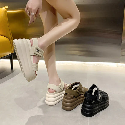 2025 Summer Women Chunky Sandals Leather High Platform Trainers Breathable Casual Slippers Shoes Woman 8.5CM Heels Wedge Sneaker