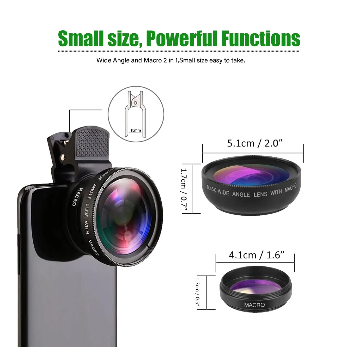 Phone Camera Lens 2 in 1 Clip-on Kit 37mm 0.45X 49UV Super Wide Angle Macro Phone Camera Lens for iPhone 15 14 13 12 11 Android