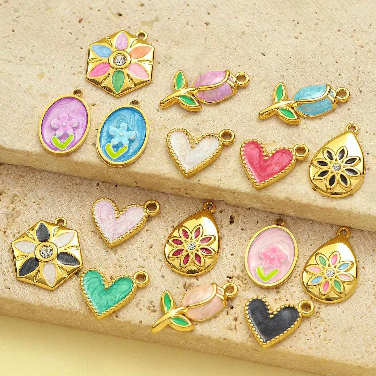 3pcs/Lot Sweet Gradient Enamel Rose Stainless Steel Diy Charm Women Rainbow Flower Waterdrop Necklace Pendant Love Heart Jewelry