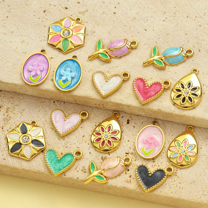 3pcs/Lot Sweet Gradient Enamel Rose Stainless Steel Diy Charm Women Rainbow Flower Waterdrop Necklace Pendant Love Heart Jewelry