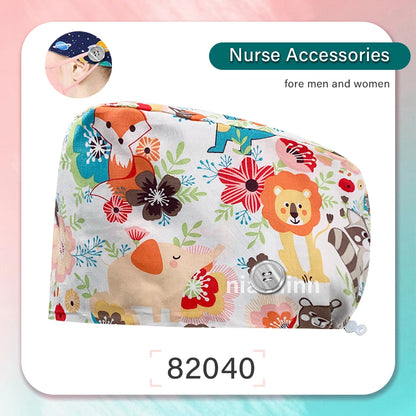 Cartoon Printed Operating Room Doctor Work Scrub Hat Pharmacy Dentistry Clinic Surgical Cap Adjustable Medical Nurse Accessories
