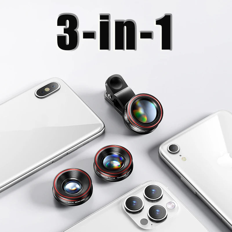 Mobile phone external lens kit with clip wide-angle/25X macro/ fisheye camera lens for photography Compact and portable 3-in-1