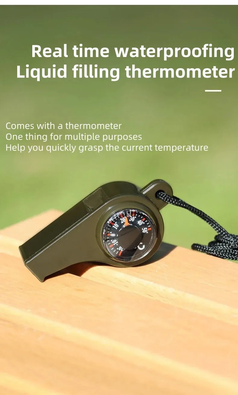 3 in 1 Camping Hiking Emergency Survival Whistle with Compass,Thermometer,Outdoor Whistle Camping Tools ArmyGreen Color