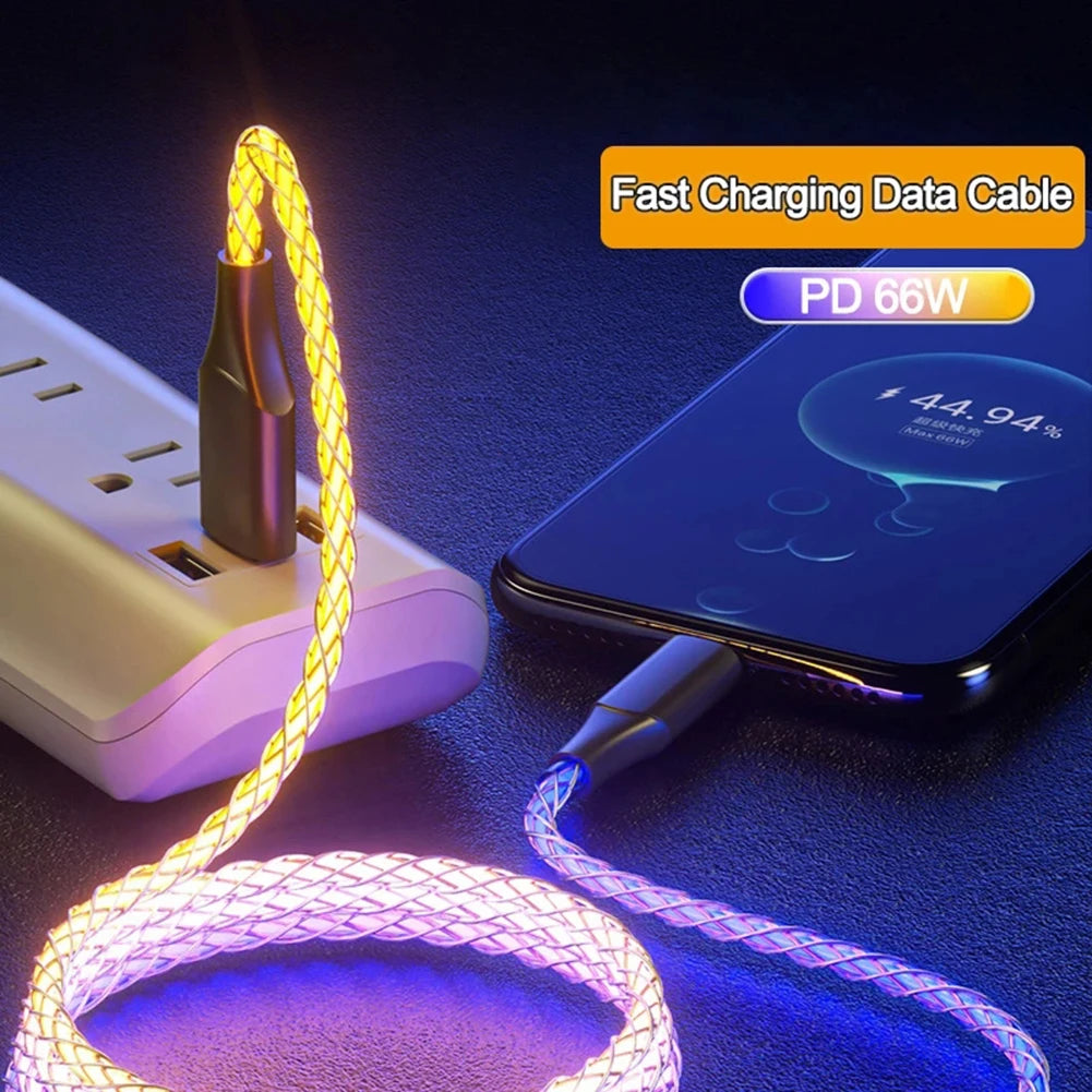 3 in 1 Glowing LED Light 6A 66W Fast Charging Micro USB Type C Cable For iPhone Samsung Xiaomi Redmi Phone Charger USB Cable