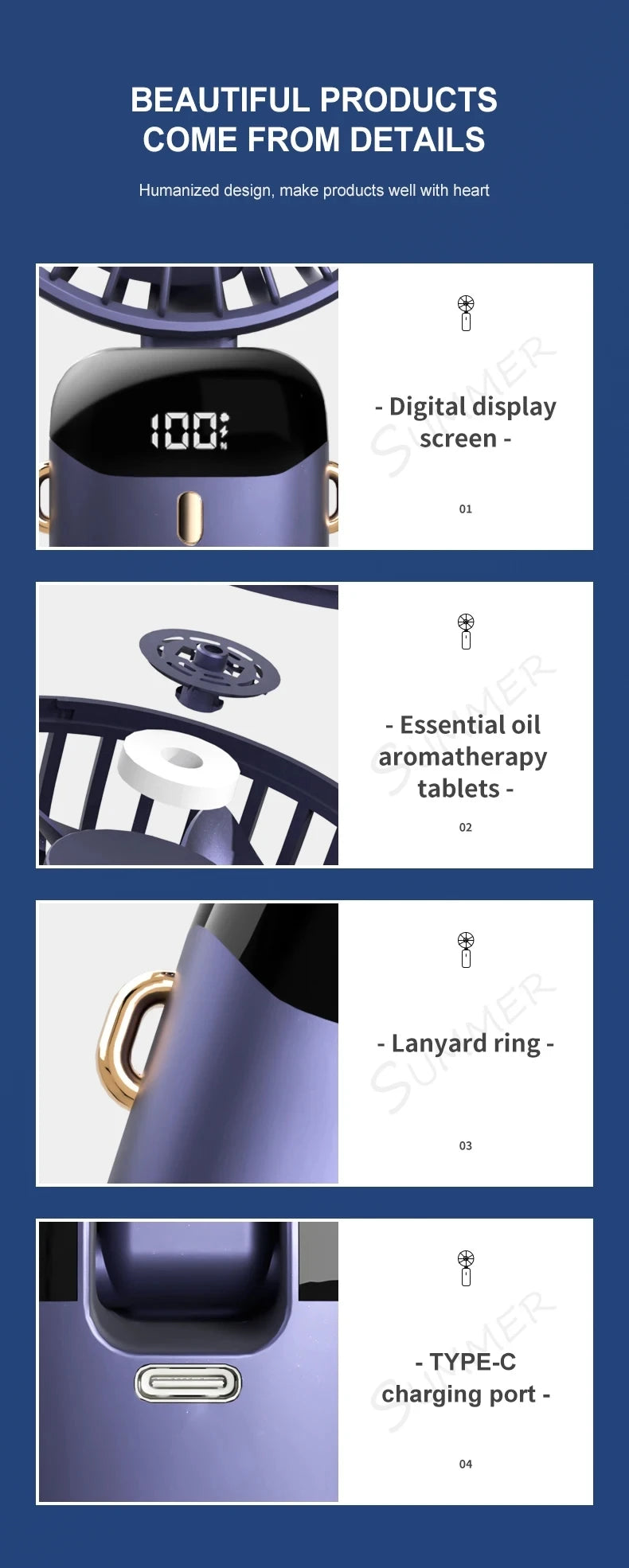 Portable mini fan that can be folded and hung around the neck, 5-speed USB charging fan, supporting phone and display screen,