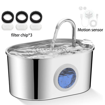 Stainless steel cat fountain, 74 oz/2.2 liters with water level windows and silent water pump for cats and puppies